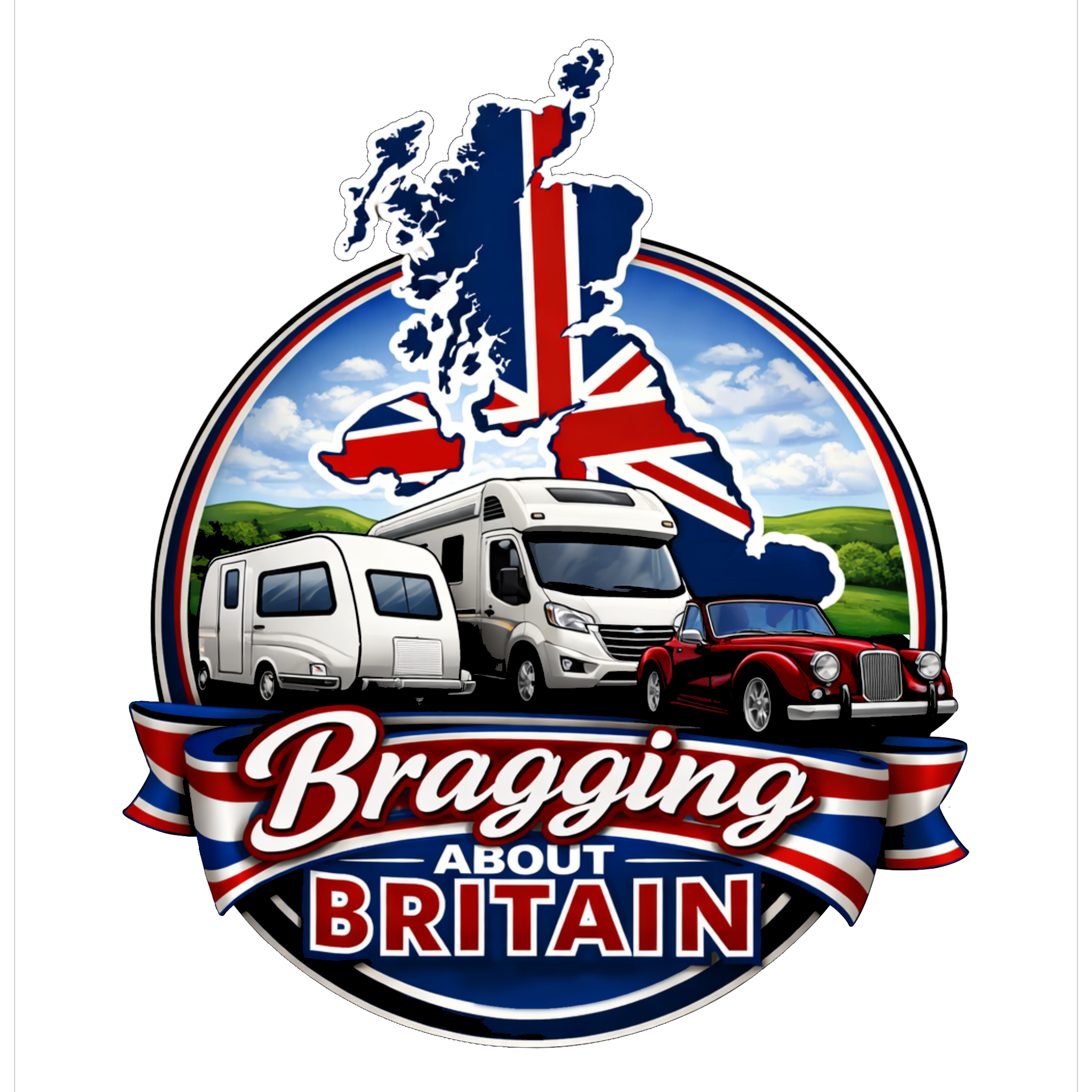 Bragging About Britain site logo showing a caravan, a motorhome, and a classic car